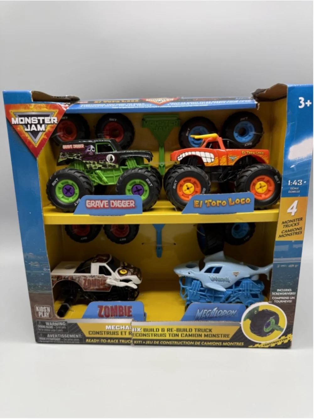 Monster Jam Mechanix 4 Pack Rebuild 1/43 El Toro Grave Digger Zombie Meglodon